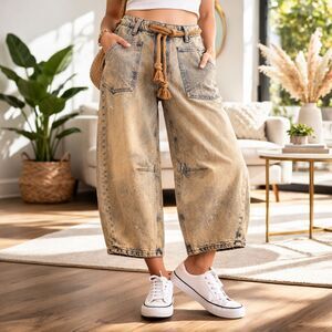 New We The Free Moxie Low Slung Jeans Pull On Barrel Rigid Distressed Denim 26L